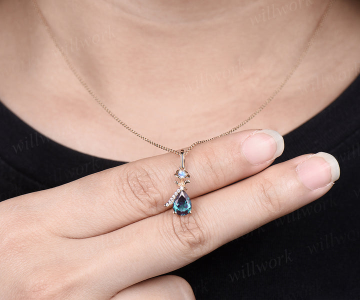 Unique Pear Cut June Birthstone Alexandrite Necklace 14k Yellow Gold Moissanite Moonstone Rose Flower Pendant Birthday Anniversary Gift