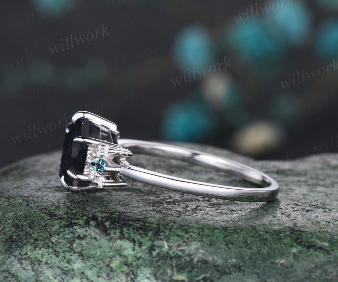 Unique Hexagon Cut Blue Sandstone Engagement Ring Moissanite Alexandrite Cluster Wedding Ring Art Deco White Gold Galaxy Healing Jewelry Ring