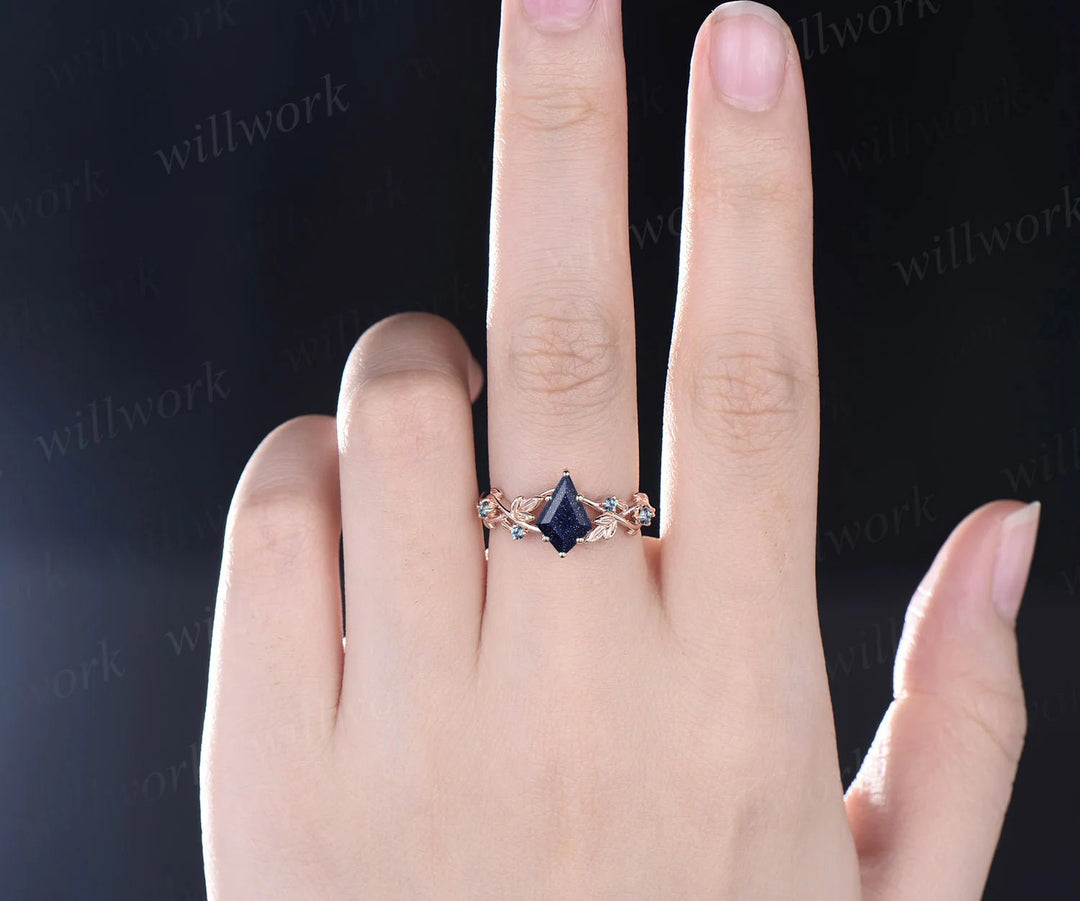 Galaxy Kite Cut Blue Sandstone Engagement Ring Unique June Birthstone Alexandrite Five Stone Wedding Ring Vine Twig Branch Leaf Nature Inspired Bridal Ring