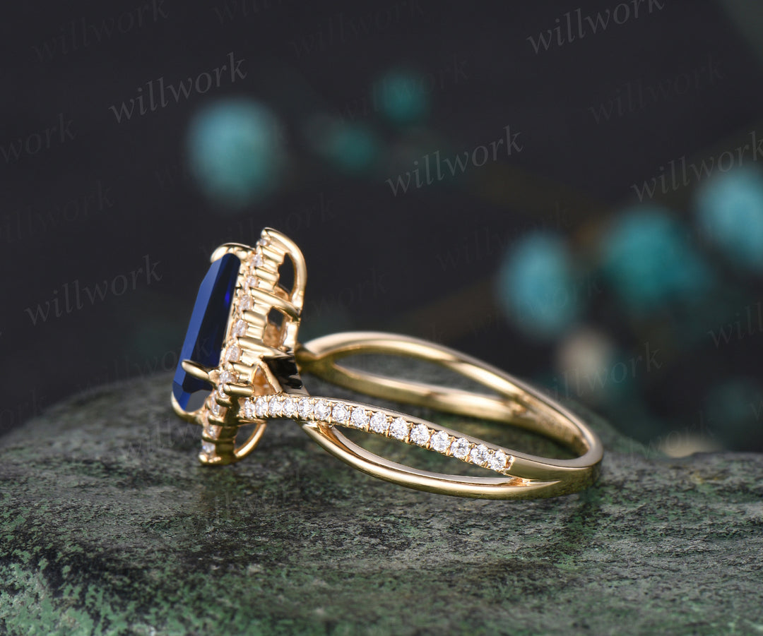 Unique Kite Cut September Birthstone Blue Sapphire Engagement Ring Art Deco Moissanite Halo Twisted Split Shank Ring Vintage 14k Yellow Gold Bridal Ring