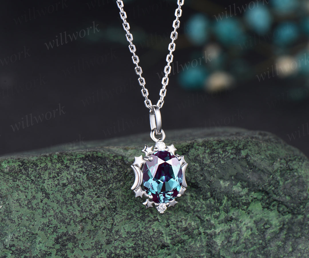 Unique Oval Cut June Birthstone Alexandrite Necklace Moissanite Three Stone Star Moon Pendant Minimalist 925 Sterling Silver 14k White Gold Engagement Gift