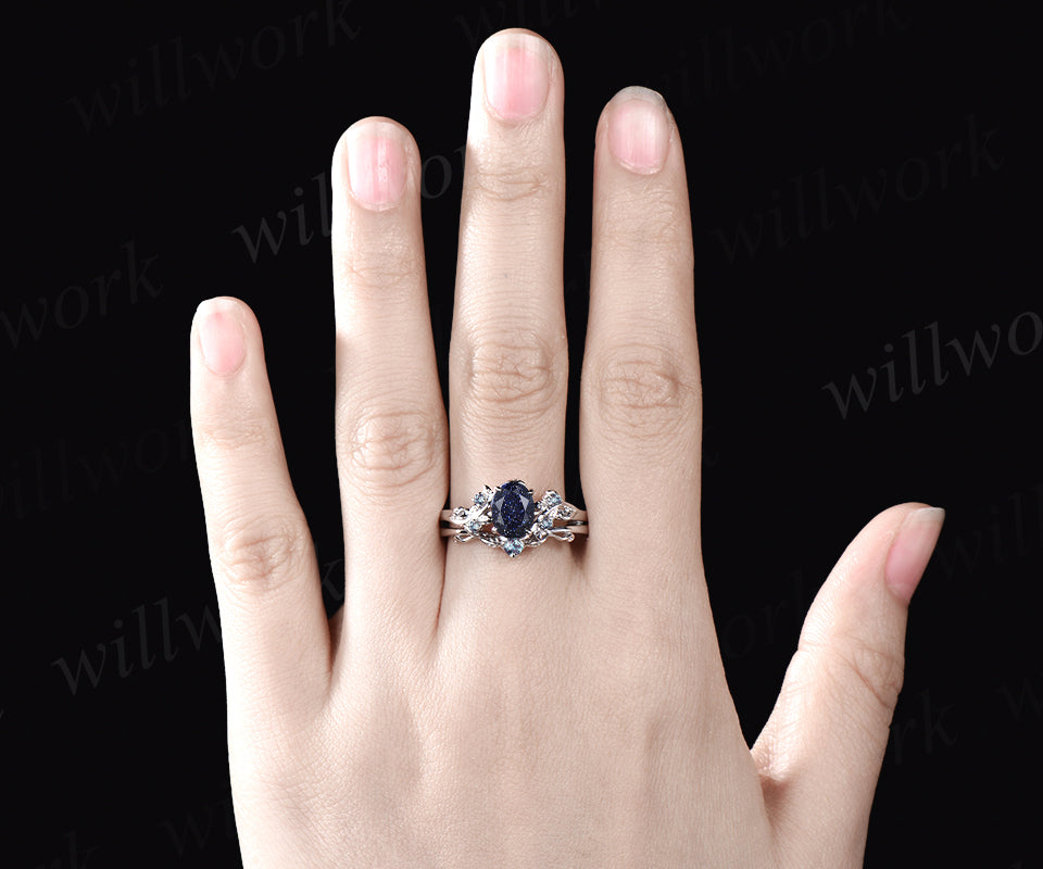 Leaf Vine Twig Branch Nature Inspired Engagement Ring Set Unique Galaxy Oval Cut Blue Sandstone Wedding Ring 14k White Gold Alexandrite Healing Ring 2pcs Bridal Ring Set