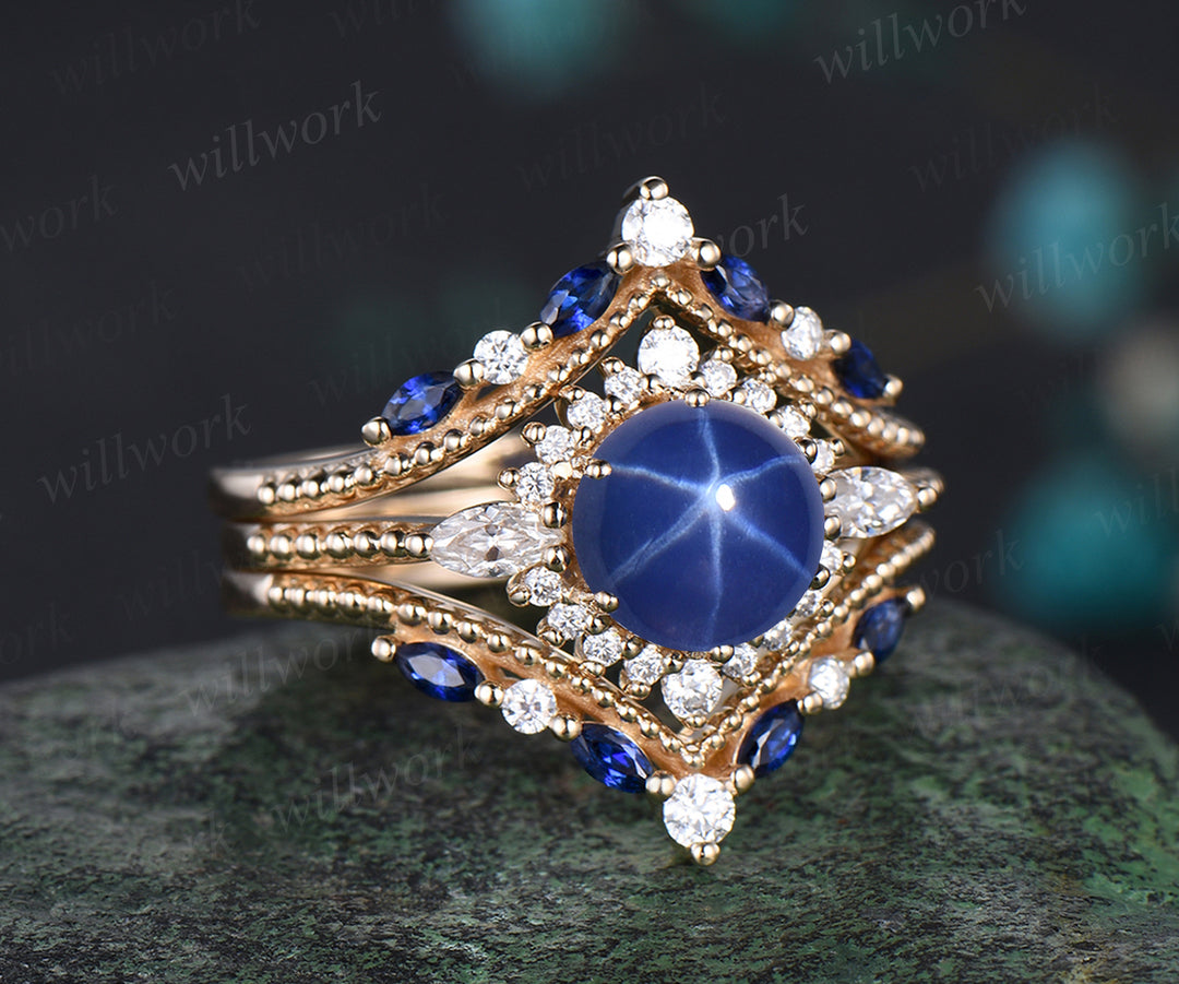Vintage Round Cut Blue Star Sapphire Engagement Ring Set September Birthstone Moissanite Halo Wedding Ring Antique 14k Yellow Gold Blue Sapphire 3pcs Bridal Ring Set