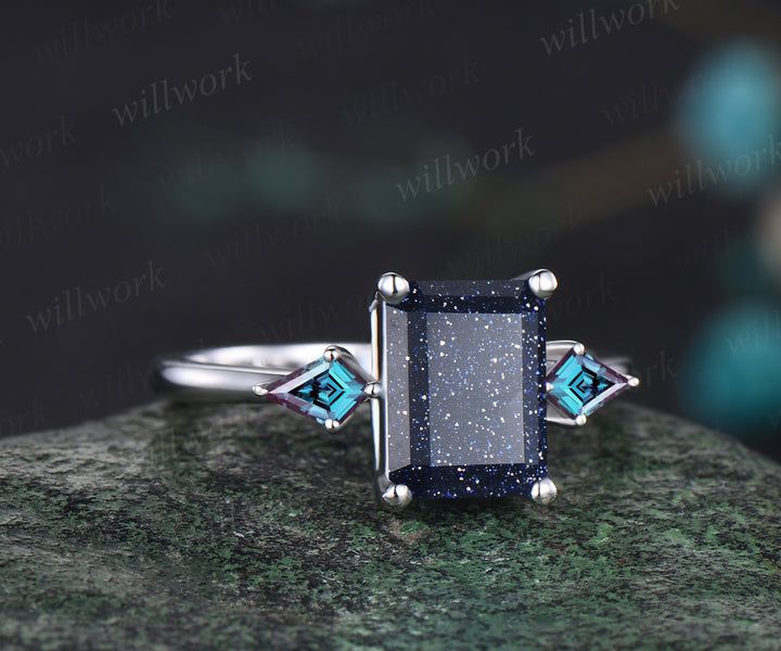 Galaxy Emerald Cut Blue Sandstone Engagement Ring Kite Alexandrite Three Stone Ring 14k White Gold Healing Jewelry Gift