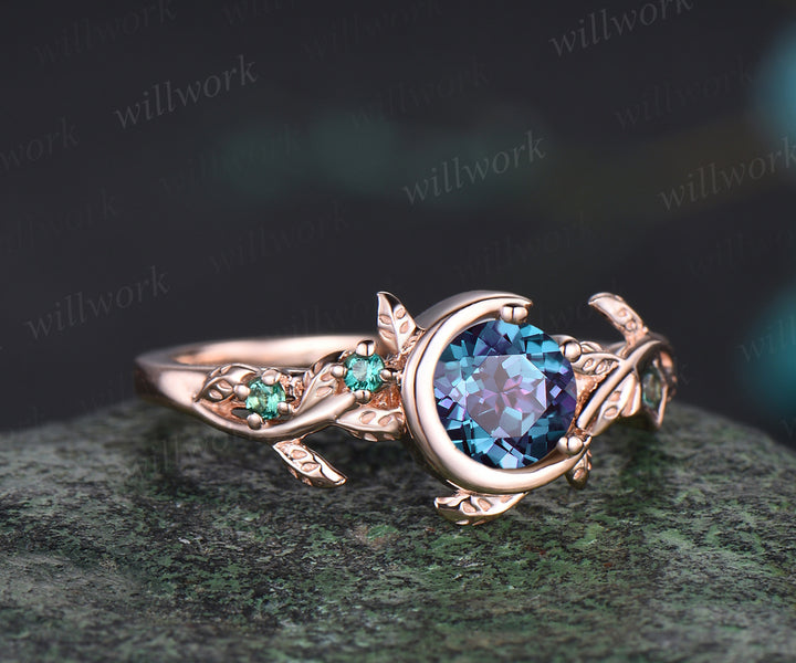 Unique Leaf Vine Twig Branch Nature Inspired Ring June Birthstone Round Cut Alexandrite Engagement Ring Emerald Art Deco Moon Star Bridal Ring