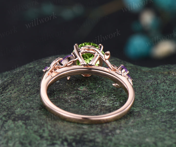 Unique Round Cut August Birthstone Natural Peridot Engagement Ring Art Deco Amethyst Leaf Vine Twig Branch Nature Inspired Ring 14k Rose Gold Bridal Ring For Women
