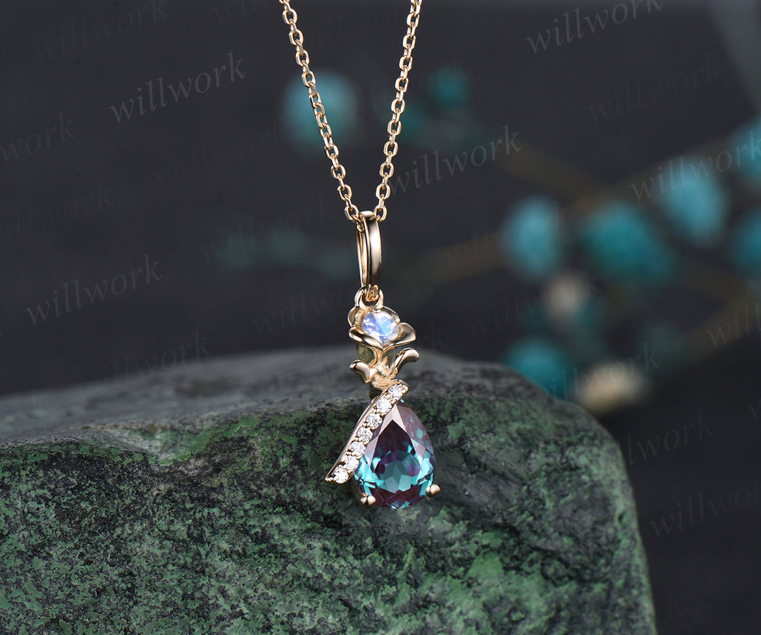 Unique Pear Cut June Birthstone Alexandrite Necklace 14k Yellow Gold Moissanite Moonstone Rose Flower Pendant Birthday Anniversary Gift