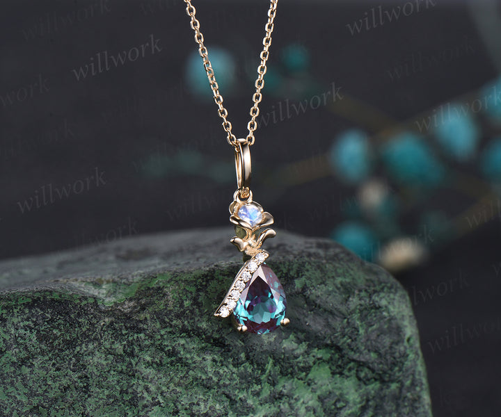 Unique Pear Cut June Birthstone Alexandrite Necklace 14k Yellow Gold Moissanite Moonstone Rose Flower Pendant Birthday Anniversary Gift