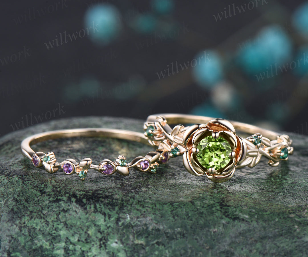 Unique Round Natural Peridot Rose Flower Engagement Ring Set Amethyst Emerald Leaf Floral Vine Twig Branch Nature Inspired Ring August Birthstone Yellow Gold 2pcs Bridal Ring Set
