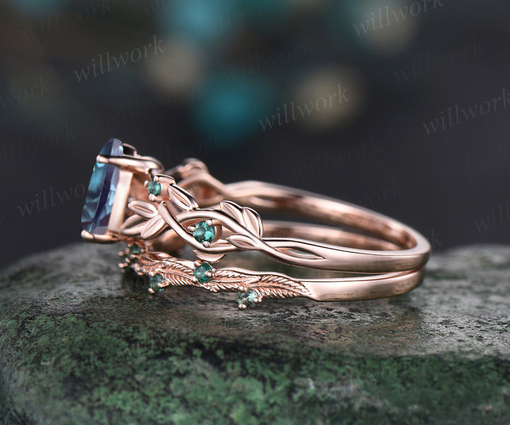 Unique Pear Cut Alexandrite Engagement Ring Set Leaf Vine Twig Branch Nature Inspired Ring Emerald Wedding Band Art Deco 2pcs Bridal Ring Set
