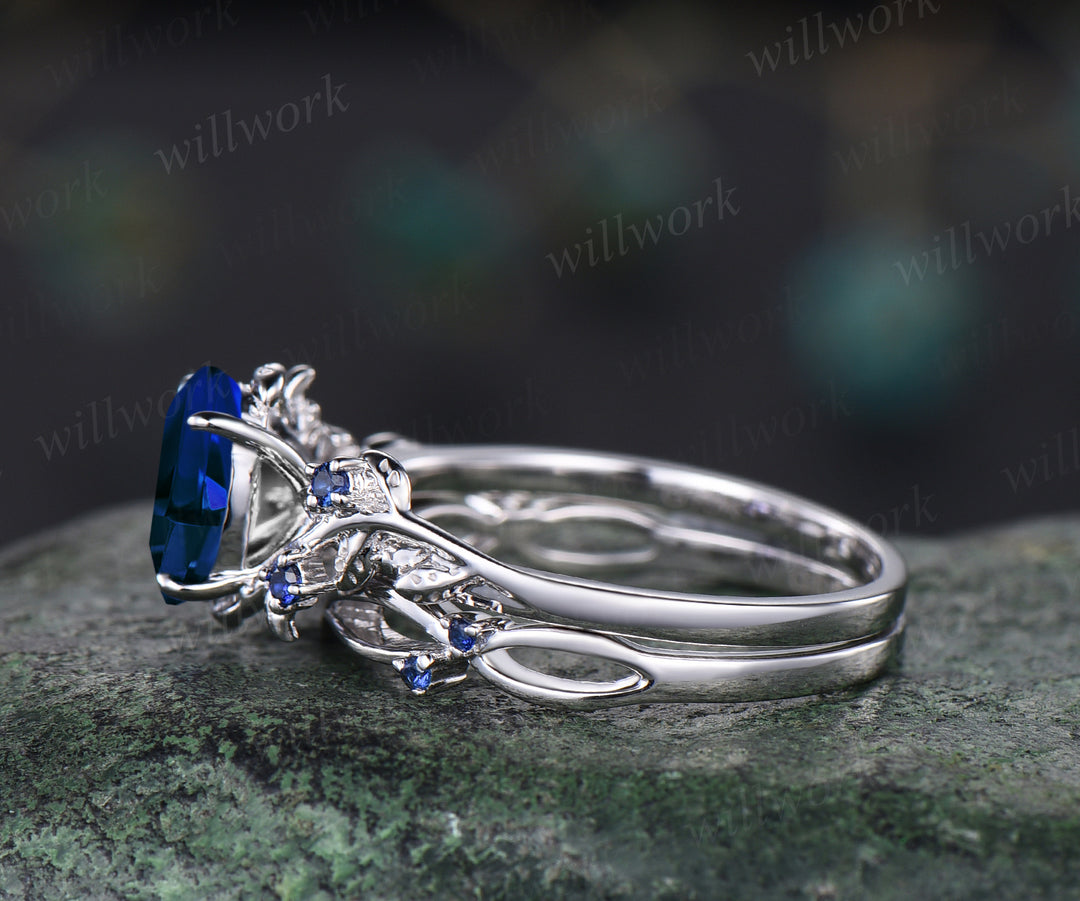 Art Deco Leaf Vine Twig Branch Nature Inspired Ring Unique September Birthstone Blue Sapphire Engagement Ring Set 14k White Gold 2pcs Bridal Ring Set