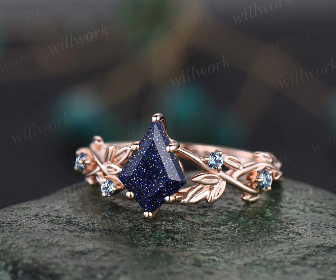 Galaxy Kite Cut Blue Sandstone Engagement Ring Unique June Birthstone Alexandrite Five Stone Wedding Ring Vine Twig Branch Leaf Nature Inspired Bridal Ring