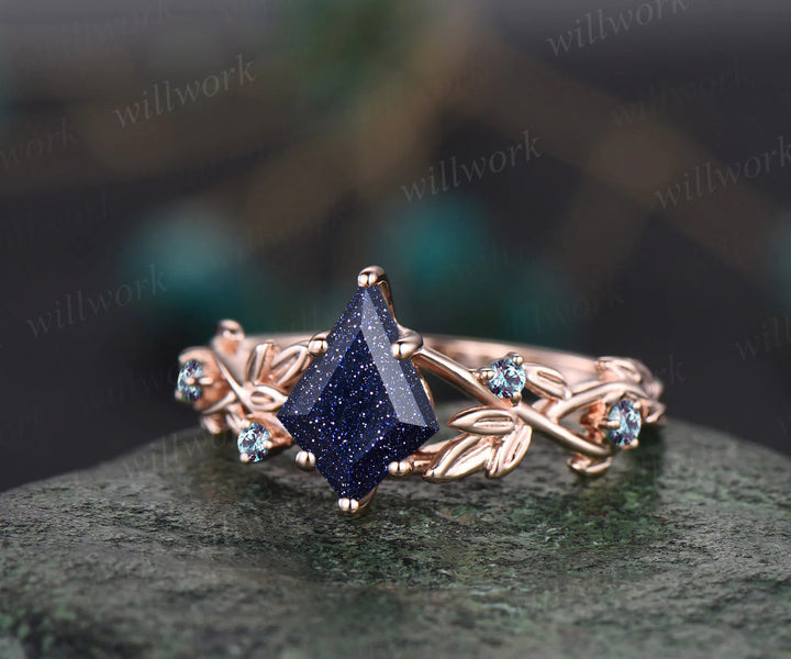 Galaxy Kite Cut Blue Sandstone Engagement Ring Unique June Birthstone Alexandrite Five Stone Wedding Ring Vine Twig Branch Leaf Nature Inspired Bridal Ring