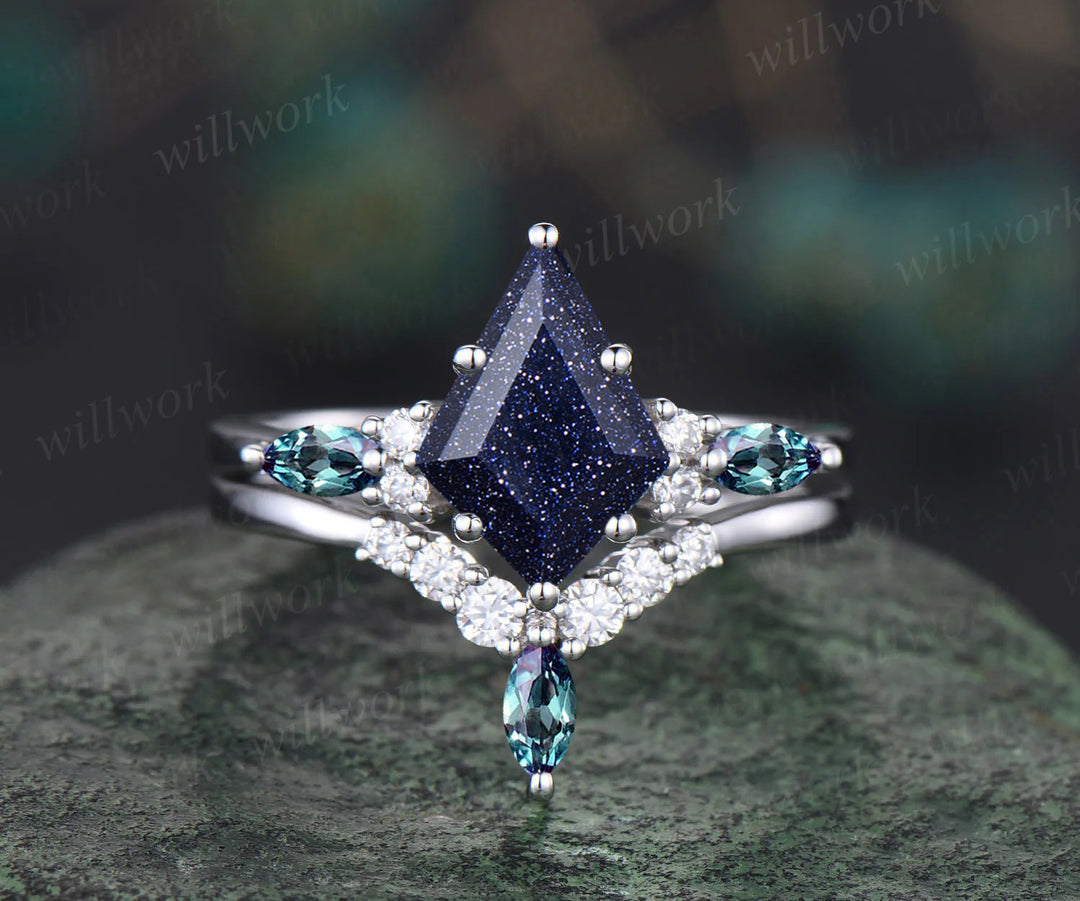 Galaxy Blue Sandstone Engagement Ring Set Unique Moissanite Diamond Alexandrite Wedding Ring 14k Rose Gold Seven Stone Ring Healing Jewelry
