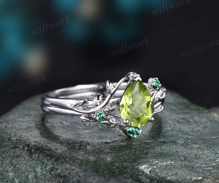 Art Deco Leaf Vine Twig Branch Leaf Nature Inspired Engagement Ring Set Unique Pear Cut August Birthstone Natural Peridot Wedding Ring Emerald Wedding Band 14k White Gold 2pcs Bridal Ring Set