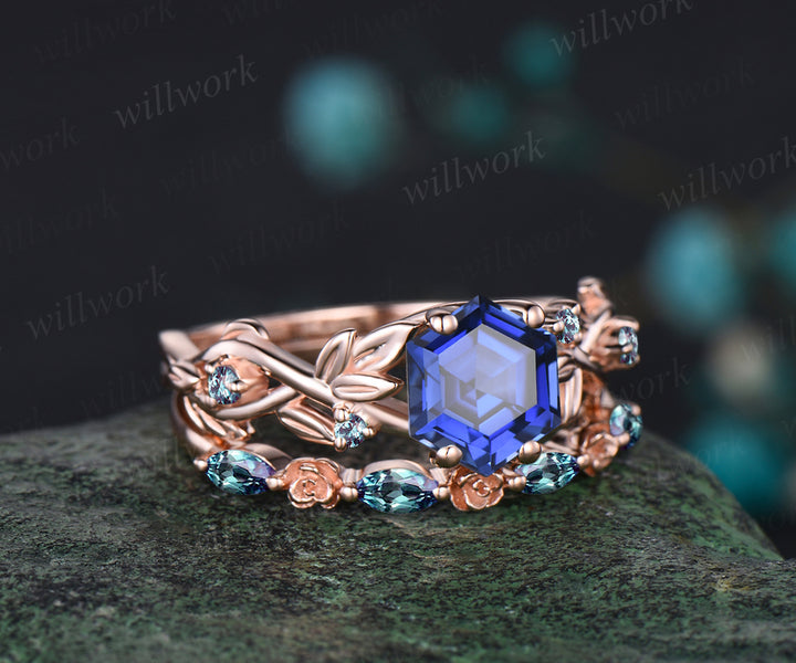 Hexagon Cut September Birthstone Blue Sapphire Engagement Ring Set Leaf Flower Vine Twig Branch Nature Inspired Ring Alexandrite 2pcs Bridal Ring Set
