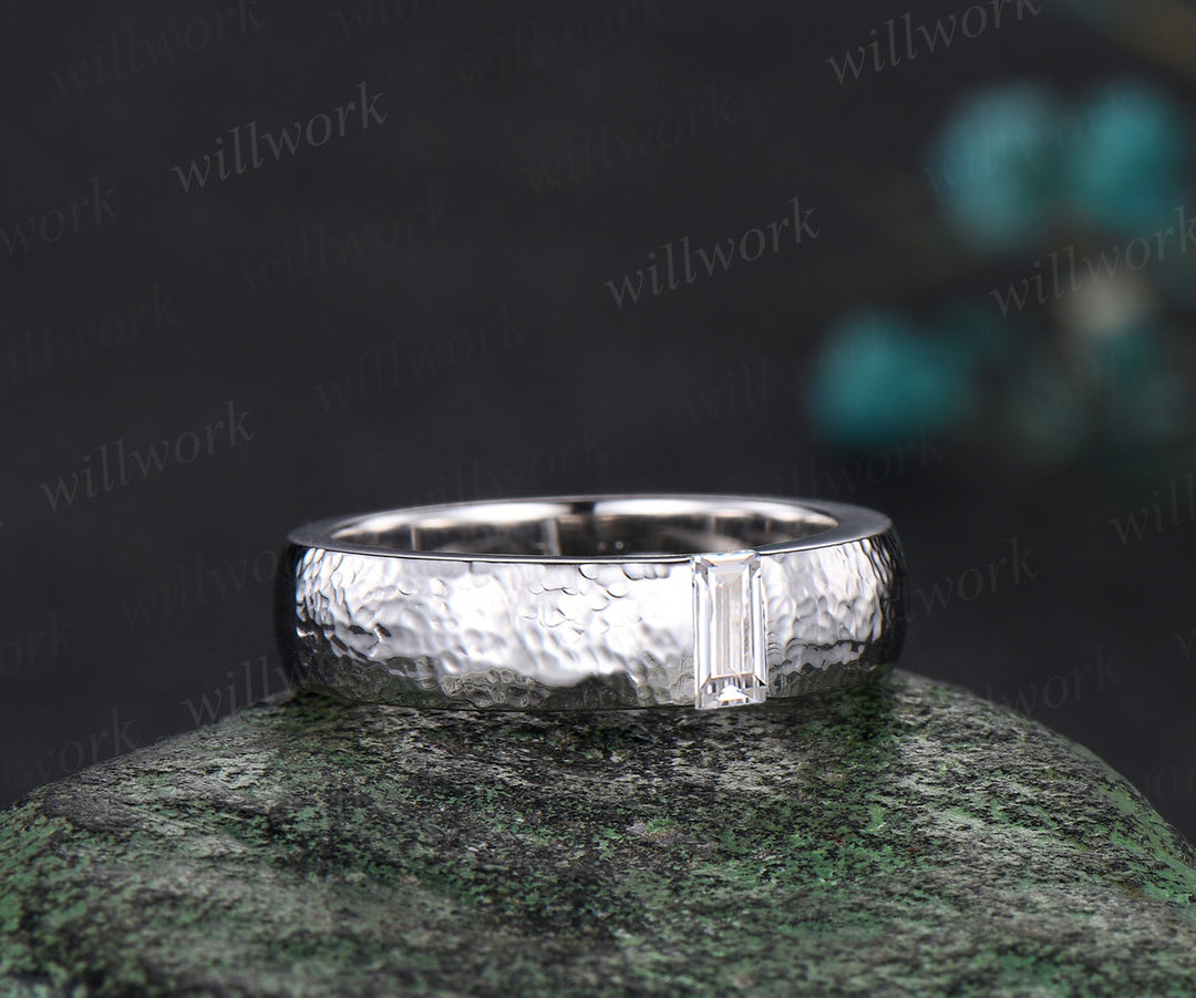 Unique Mens Moissanite Wedding Band Baguette Cut Band 5mm Solid Gold Ring Mens Hammered Stacking Matching Band Retro Vintage Ring Gift
