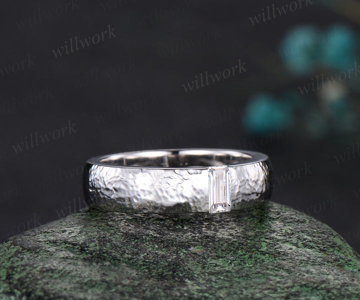 Unique Mens Moissanite Wedding Band Baguette Cut Band 5mm Solid Gold Ring Mens Hammered Stacking Matching Band Retro Vintage Ring Gift