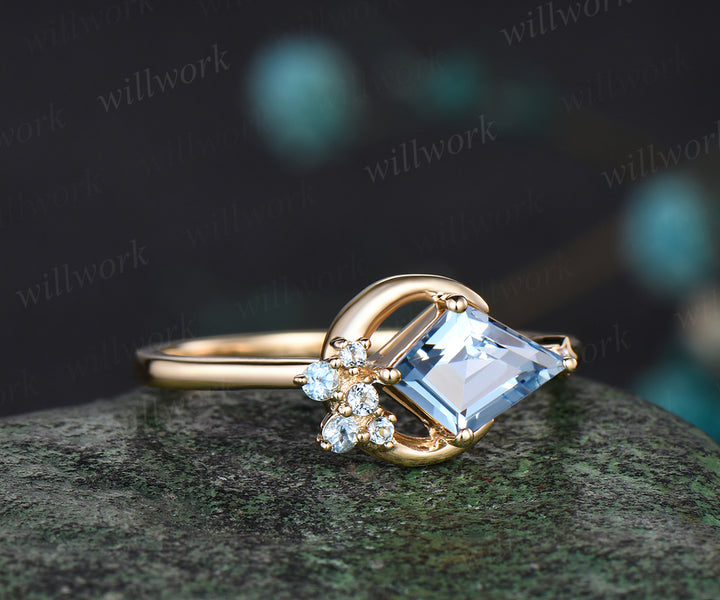Moon kite cut aquamarine Engagement Ring solid 14k yellow gold March birthstone snowdrift cluster wedding promise ring women