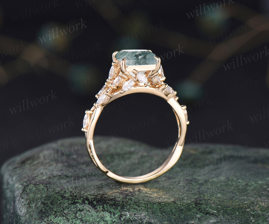 Princess cut moss agate ring unique twig flower engagement ring marquise cluster art deco promise wedding ring for women