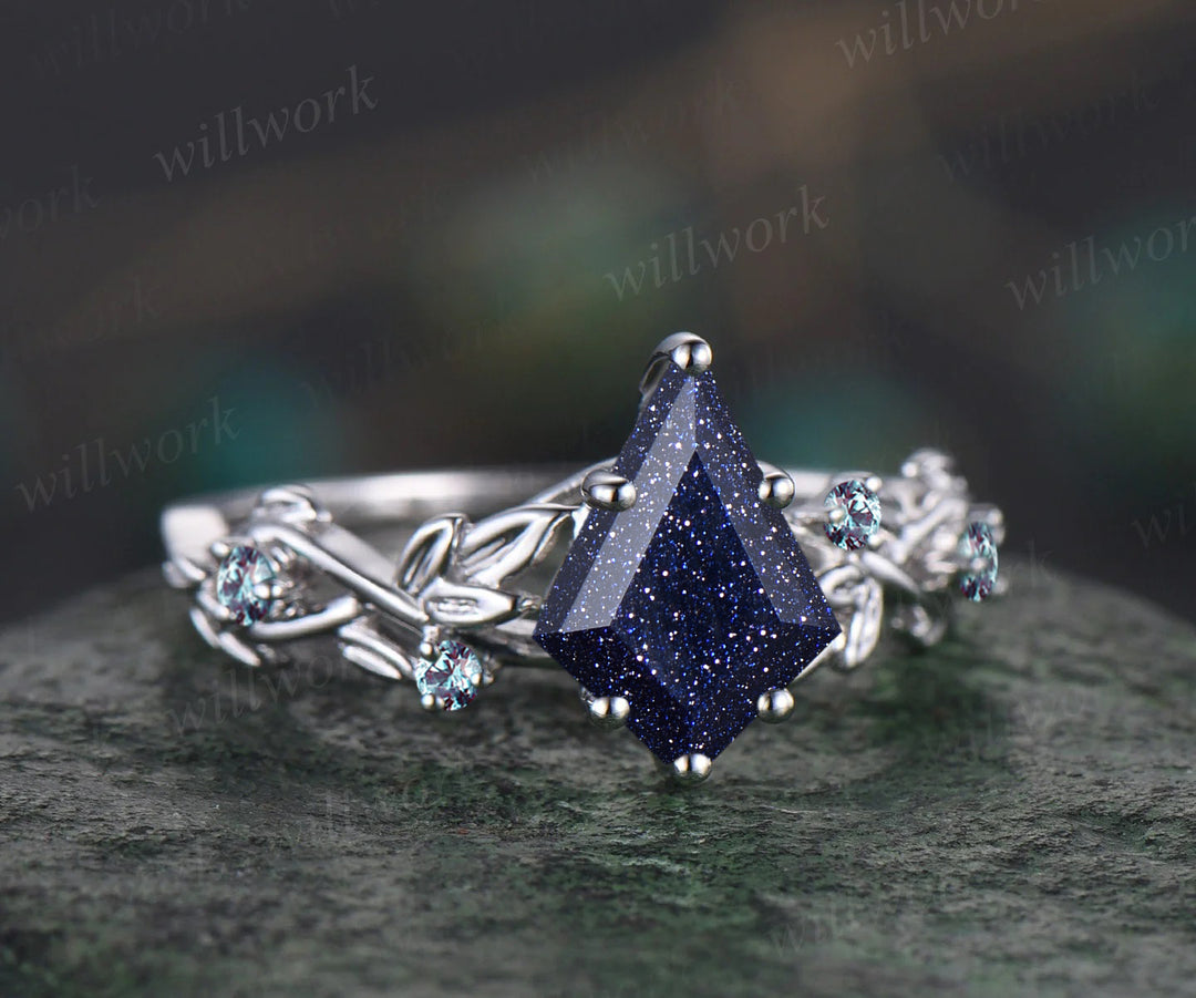 Galaxy Kite Cut Blue Sandstone Engagement Ring Unique June Birthstone Alexandrite Five Stone Wedding Ring Vine Twig Branch Leaf Nature Inspired Bridal Ring
