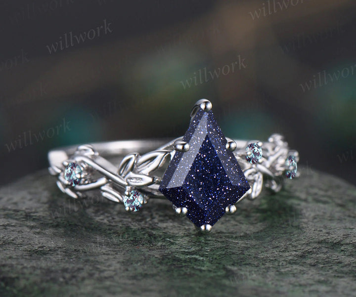 Galaxy Kite Cut Blue Sandstone Engagement Ring Unique June Birthstone Alexandrite Five Stone Wedding Ring Vine Twig Branch Leaf Nature Inspired Bridal Ring