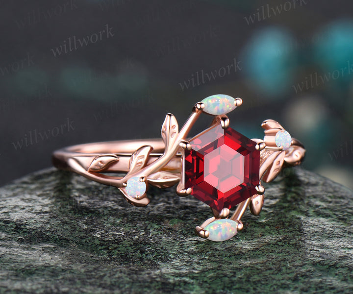 Unique Hexagon Cut July Birthstone Ruby Engagement Ring Leaf Vine Twig Branch Nature Inspired Wedding Ring Five Stone White Opal Floral Promise Ring