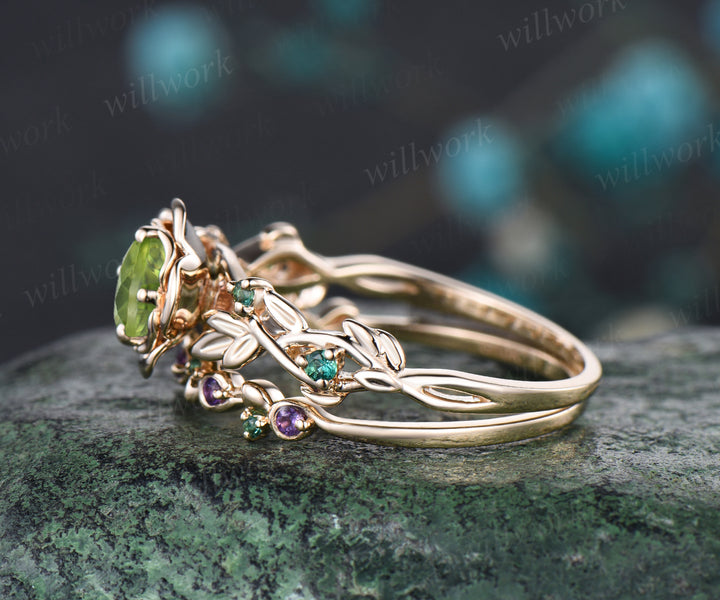 Unique Round Natural Peridot Rose Flower Engagement Ring Set Amethyst Emerald Leaf Floral Vine Twig Branch Nature Inspired Ring August Birthstone Yellow Gold 2pcs Bridal Ring Set