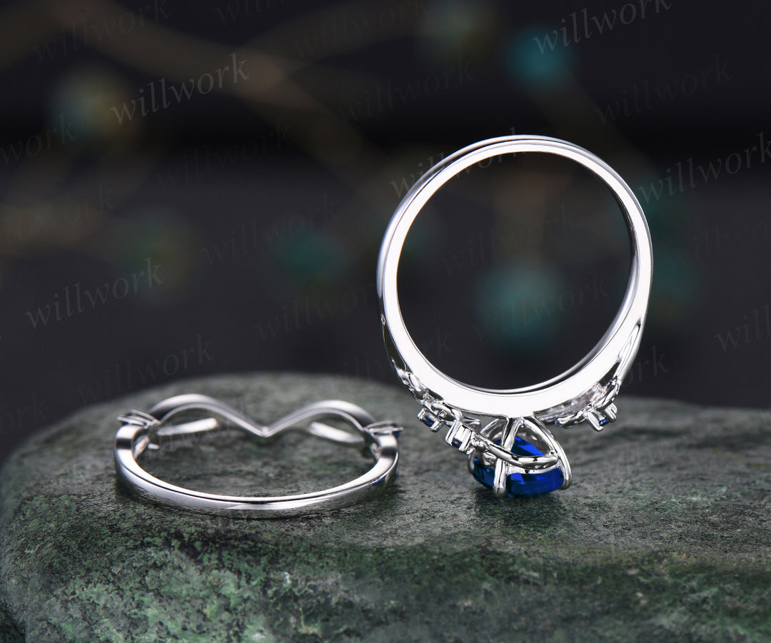 Art Deco Leaf Vine Twig Branch Nature Inspired Ring Unique September Birthstone Blue Sapphire Engagement Ring Set 14k White Gold 2pcs Bridal Ring Set