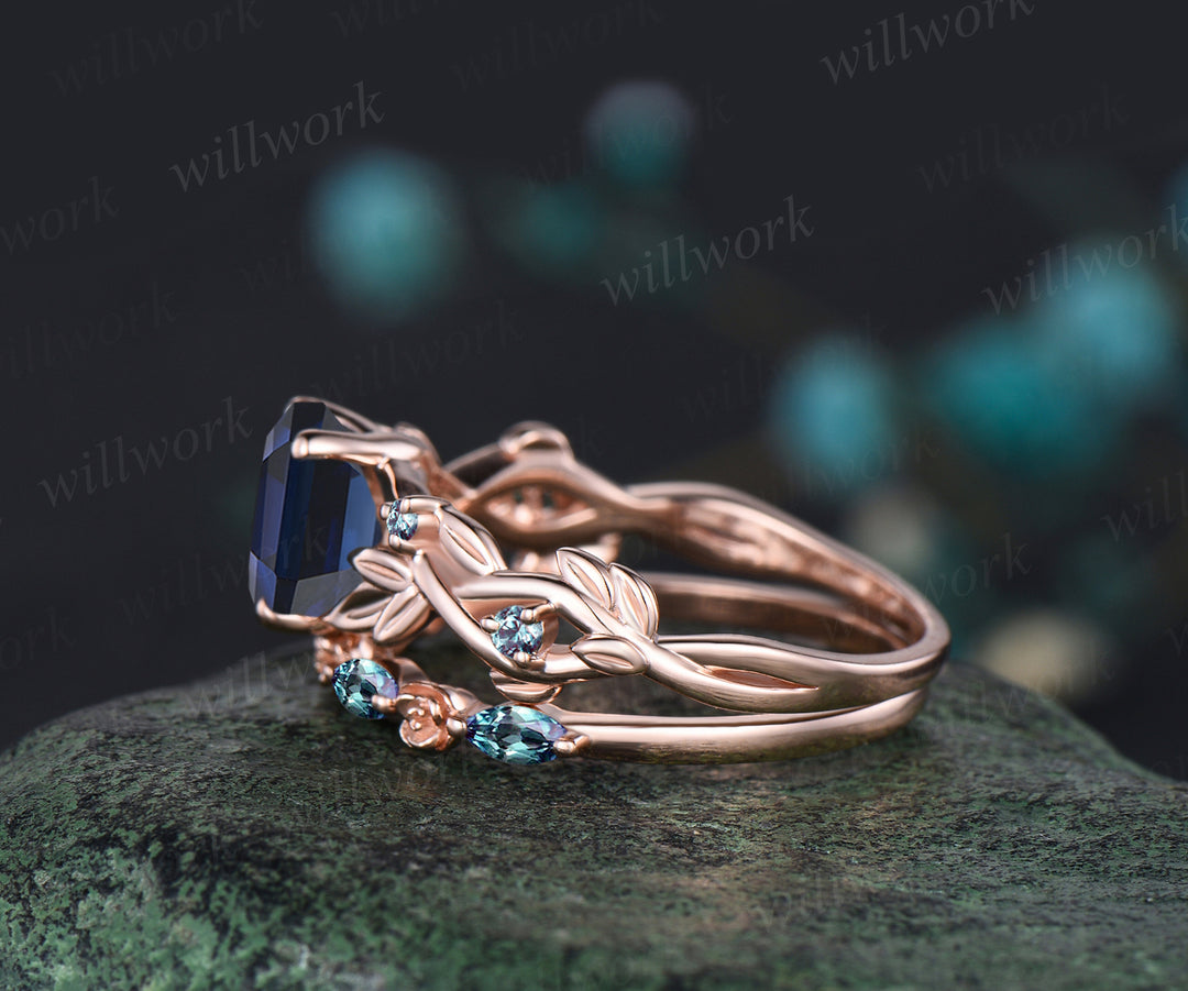 Hexagon Cut September Birthstone Blue Sapphire Engagement Ring Set Leaf Flower Vine Twig Branch Nature Inspired Ring Alexandrite 2pcs Bridal Ring Set