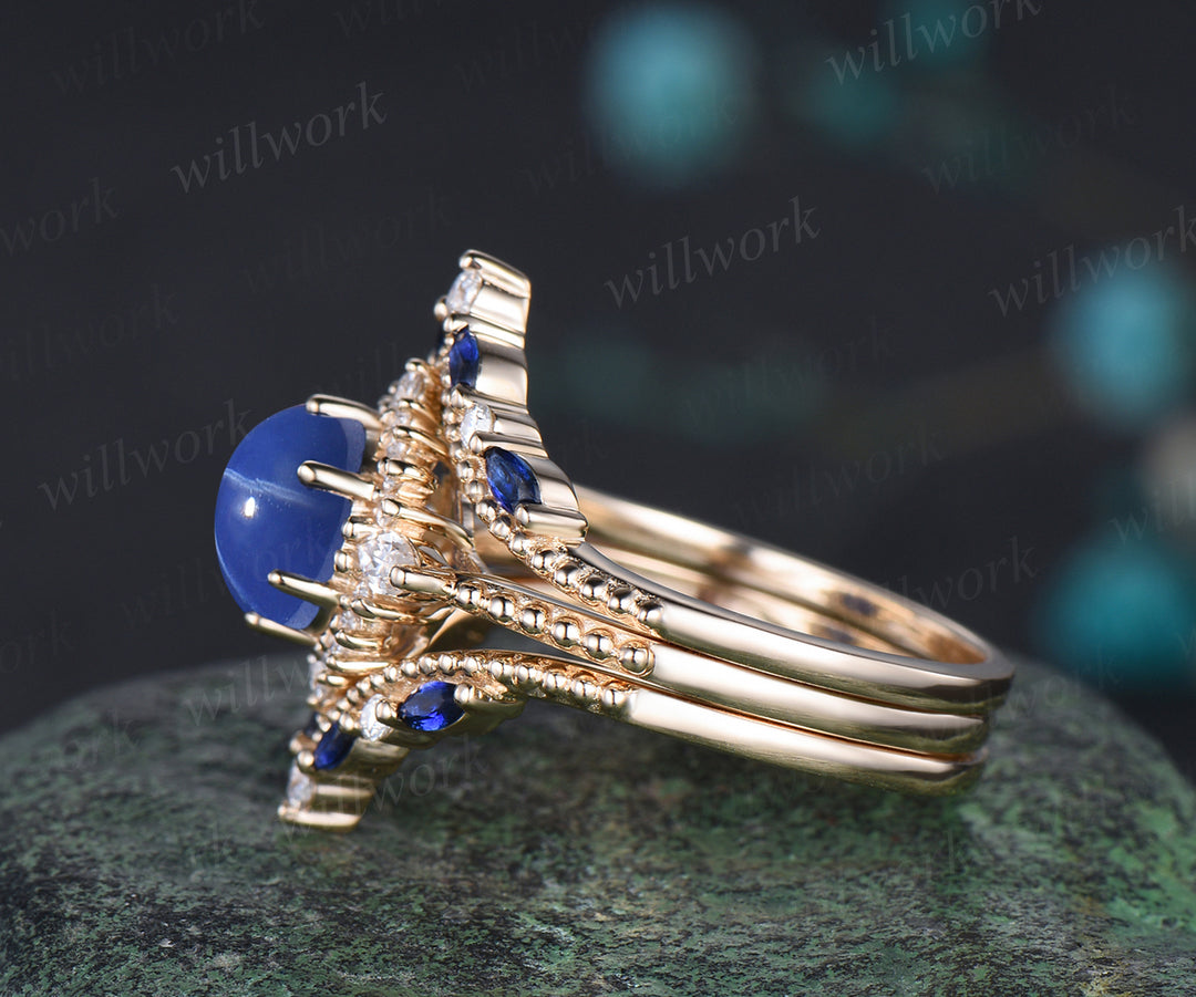Vintage Round Cut Blue Star Sapphire Engagement Ring Set September Birthstone Moissanite Halo Wedding Ring Antique 14k Yellow Gold Blue Sapphire 3pcs Bridal Ring Set