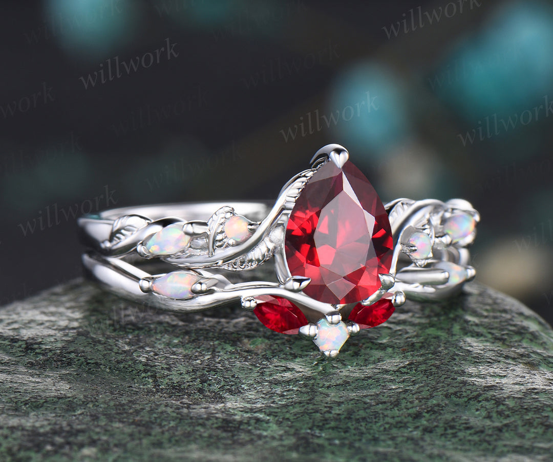 Teardrop Ruby Engagement Ring Set Unique Leaf Floral Vine Twig Branch Five Stone Opal Wedding Ring 14k White Gold July Birthstone Pear Ruby Nature Inspired 2pcs Bridal Ring Set