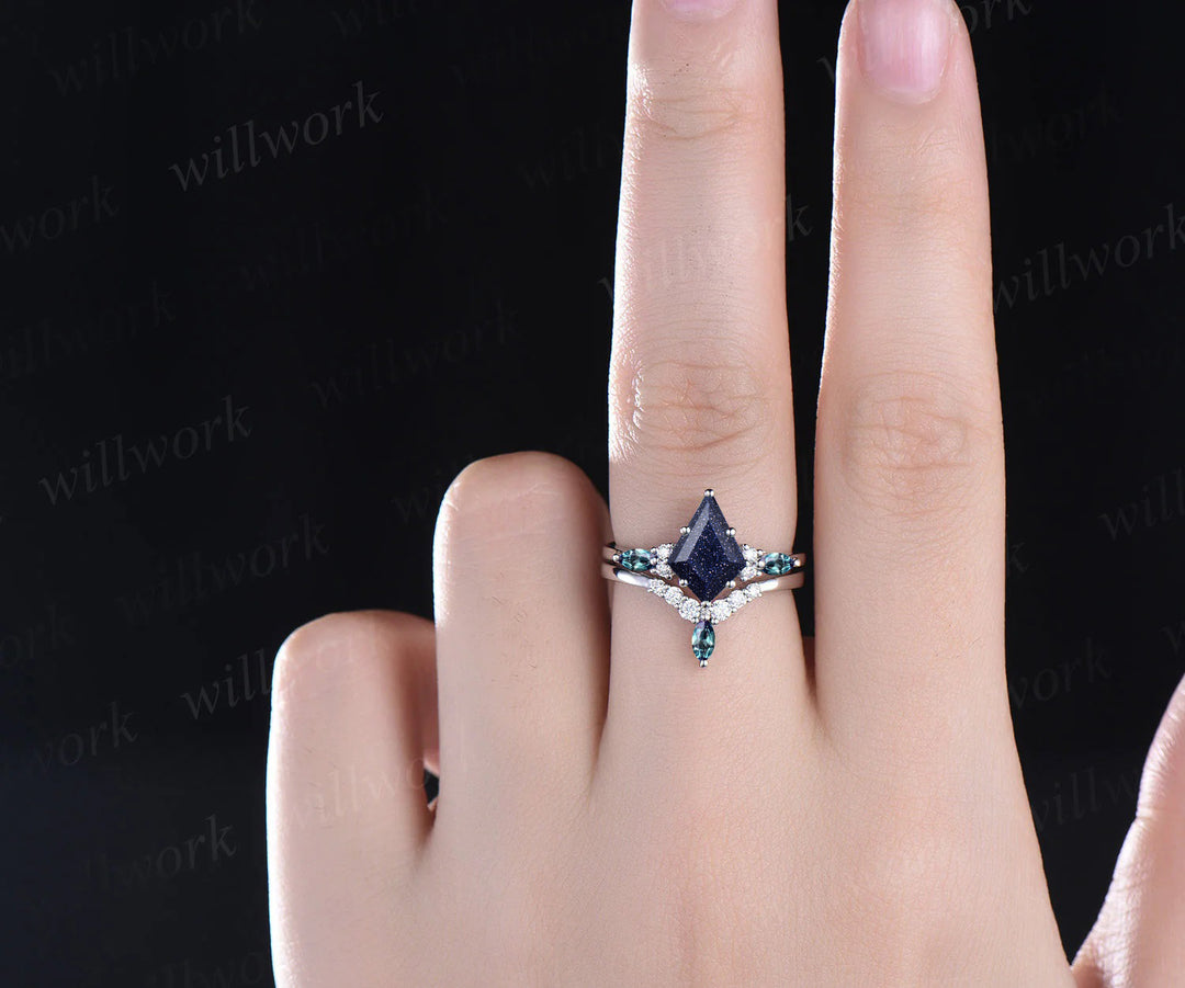 Galaxy Blue Sandstone Engagement Ring Set Unique Moissanite Diamond Alexandrite Wedding Ring 14k Rose Gold Seven Stone Ring Healing Jewelry