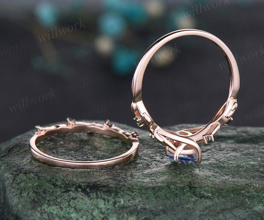 Unique Pear Cut Alexandrite Engagement Ring Set Leaf Vine Twig Branch Nature Inspired Ring Emerald Wedding Band Art Deco 2pcs Bridal Ring Set