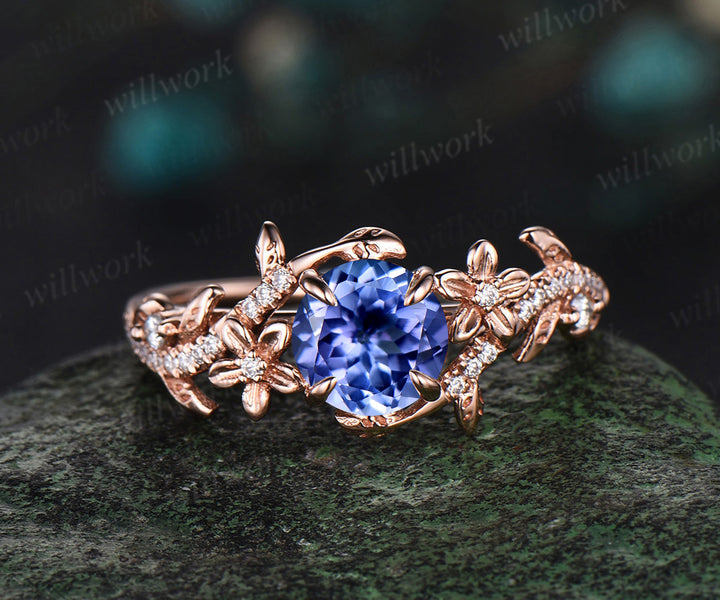 6.5mm round cut tanzanite engagement ring set floral twig leaf ring curved diamond wedding band nature inspired bridal set