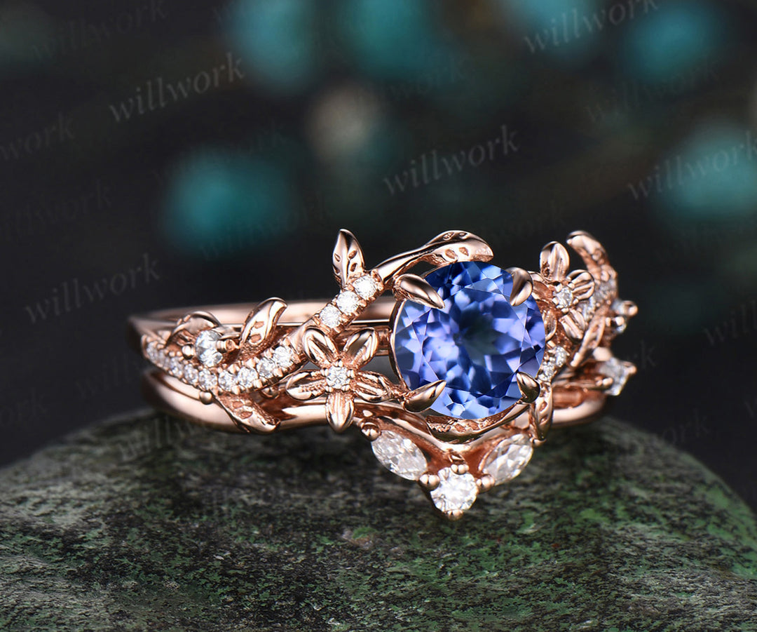6.5mm round cut tanzanite engagement ring set floral twig leaf ring curved diamond wedding band nature inspired bridal set