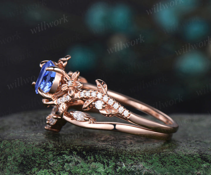 6.5mm round cut tanzanite engagement ring set floral twig leaf ring curved diamond wedding band nature inspired bridal set