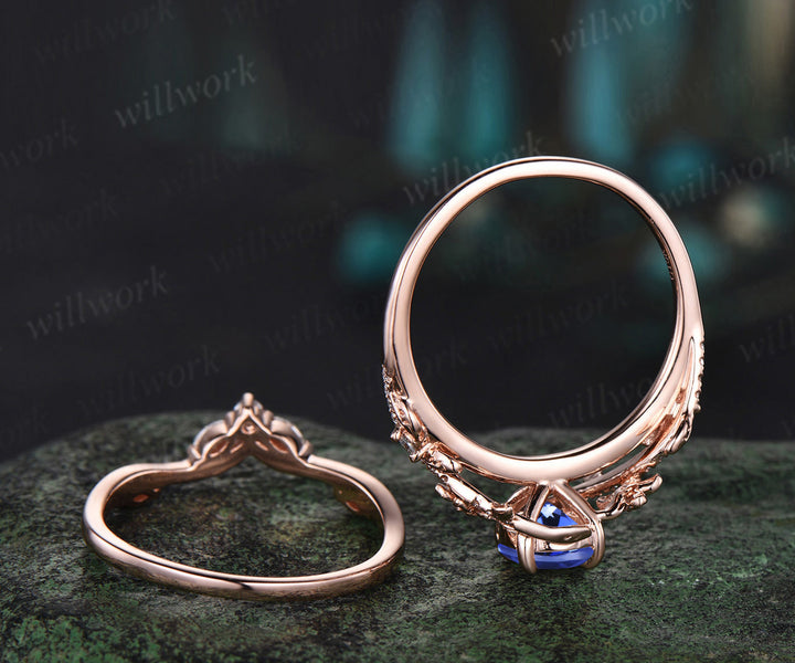 6.5mm round cut tanzanite engagement ring set floral twig leaf ring curved diamond wedding band nature inspired bridal set