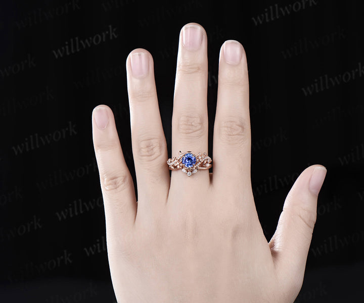 6.5mm round cut tanzanite engagement ring set floral twig leaf ring curved diamond wedding band nature inspired bridal set