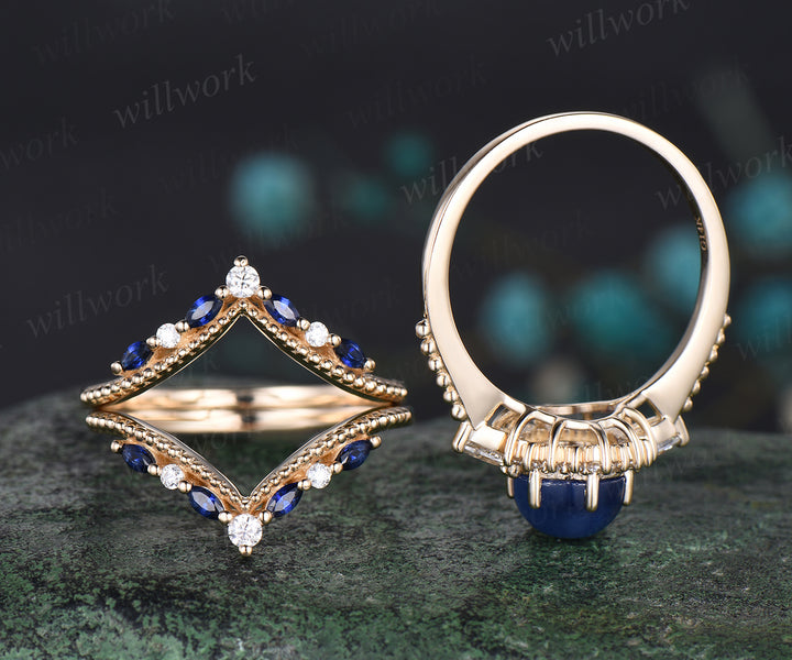 Vintage Round Cut Blue Star Sapphire Engagement Ring Set September Birthstone Moissanite Halo Wedding Ring Antique 14k Yellow Gold Blue Sapphire 3pcs Bridal Ring Set