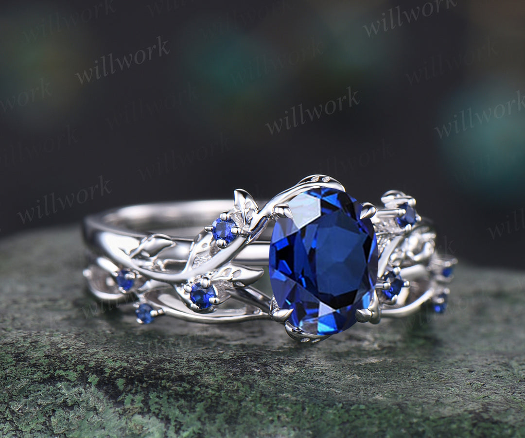 Art Deco Leaf Vine Twig Branch Nature Inspired Ring Unique September Birthstone Blue Sapphire Engagement Ring Set 14k White Gold 2pcs Bridal Ring Set