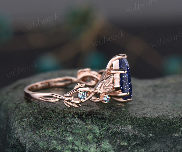 Galaxy Kite Cut Blue Sandstone Engagement Ring Unique June Birthstone Alexandrite Five Stone Wedding Ring Vine Twig Branch Leaf Nature Inspired Bridal Ring