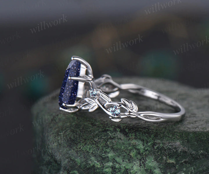 Galaxy Kite Cut Blue Sandstone Engagement Ring Unique June Birthstone Alexandrite Five Stone Wedding Ring Vine Twig Branch Leaf Nature Inspired Bridal Ring