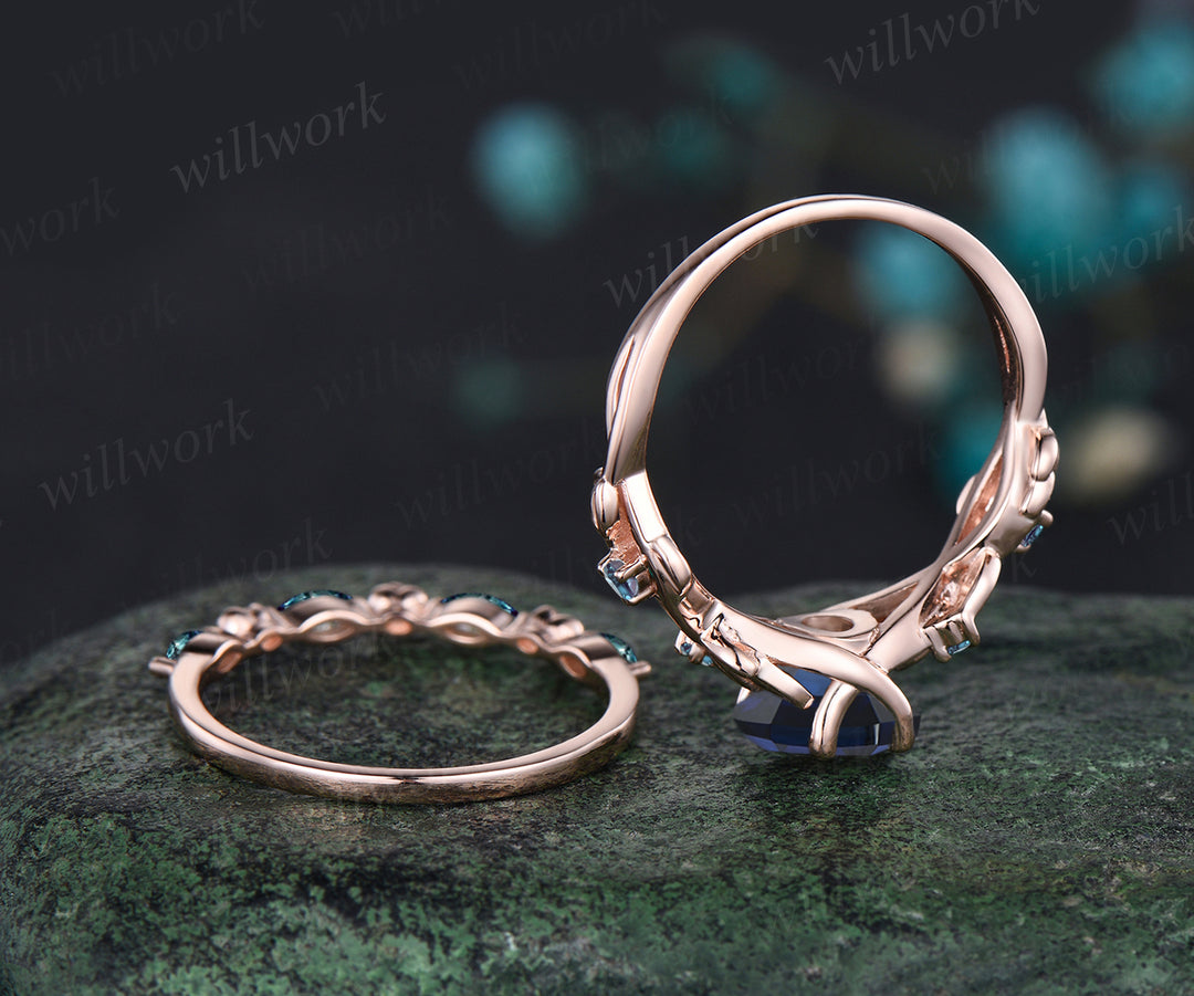 Hexagon Cut September Birthstone Blue Sapphire Engagement Ring Set Leaf Flower Vine Twig Branch Nature Inspired Ring Alexandrite 2pcs Bridal Ring Set