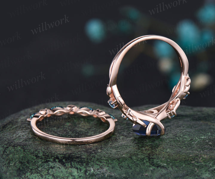 Hexagon Cut September Birthstone Blue Sapphire Engagement Ring Set Leaf Flower Vine Twig Branch Nature Inspired Ring Alexandrite 2pcs Bridal Ring Set