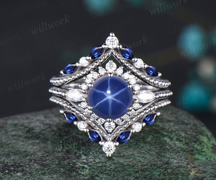 Vintage Round Cut Blue Star Sapphire Engagement Ring Set September Birthstone Moissanite Halo Wedding Ring Antique 14k Yellow Gold Blue Sapphire 3pcs Bridal Ring Set