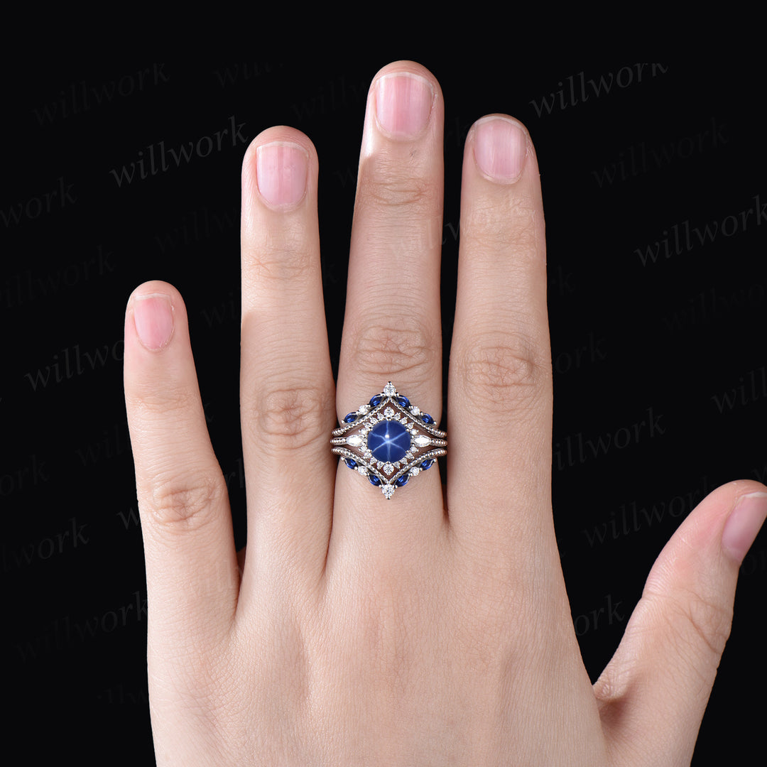 Vintage Round Cut Blue Star Sapphire Engagement Ring Set September Birthstone Moissanite Halo Wedding Ring Antique 14k Yellow Gold Blue Sapphire 3pcs Bridal Ring Set