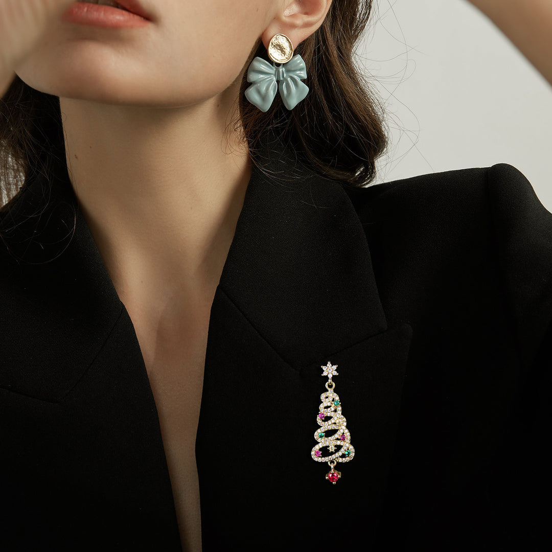 Christmas Tree Brooch Round Ruby Emerald Lapel Pin Pave Moissanie Jewelry Xmas Gift for Women
