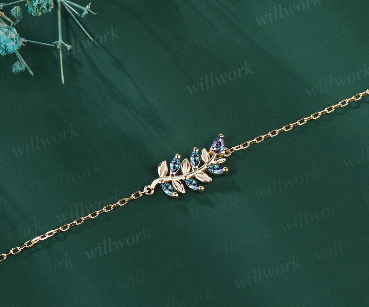 Marquise pear alexandrite leaf bracelet for women nature inspired color change gemstone jewelry