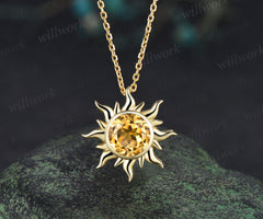Round Cut Citrine Sun Necklace Unique 14k Yellow Gold Crystal Solitaire Pendant Dainty November Birthstone Necklace Women